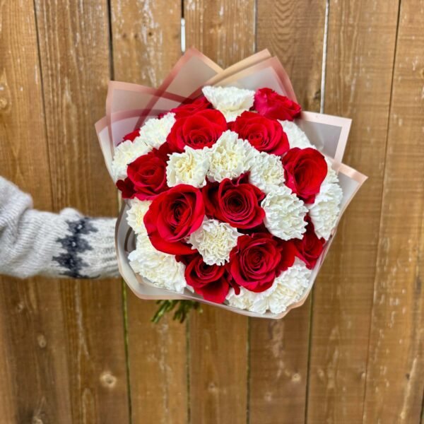 red rose and white carnation bouquet
