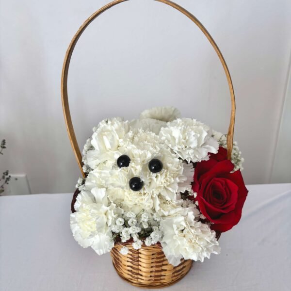carnation flower puppy arrangement in basket