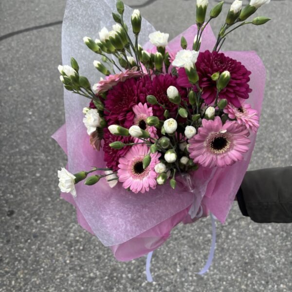bouquet with pink gerberas, chrysanthemums and white mini carnations