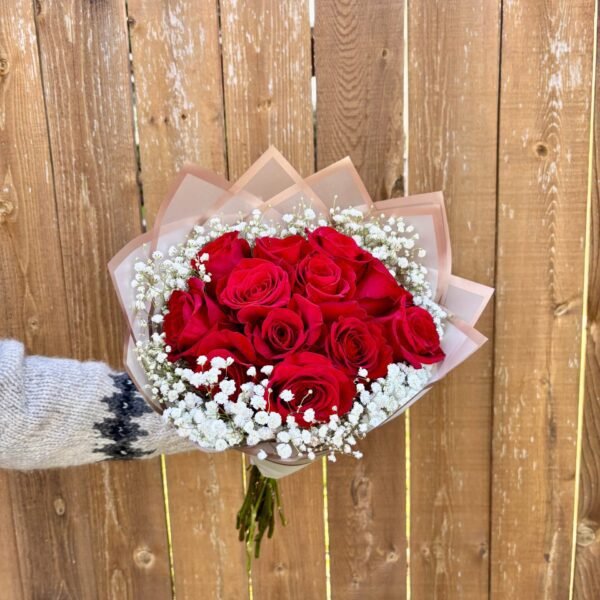 long stemmed premium red roses and babys breath bouquet