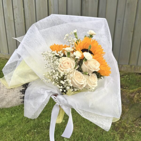 sunflower and white rose bouquet for delivery in Surrey BC