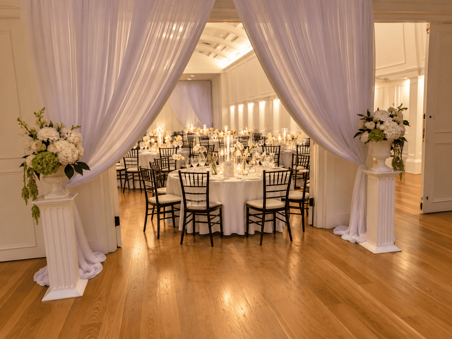 Lavender Draped Candlelit Reception Hall
